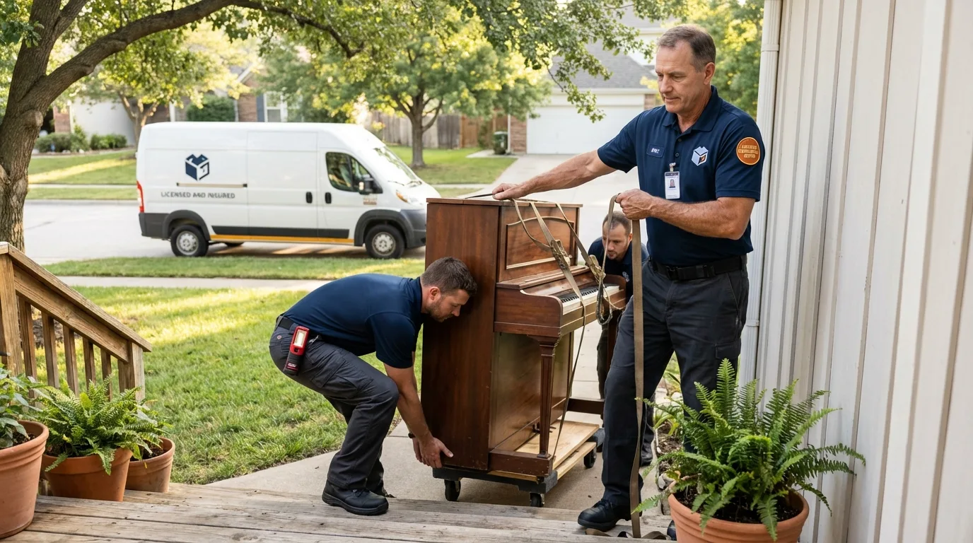 Licensed piano movers securing grand piano in Wiggins, MS