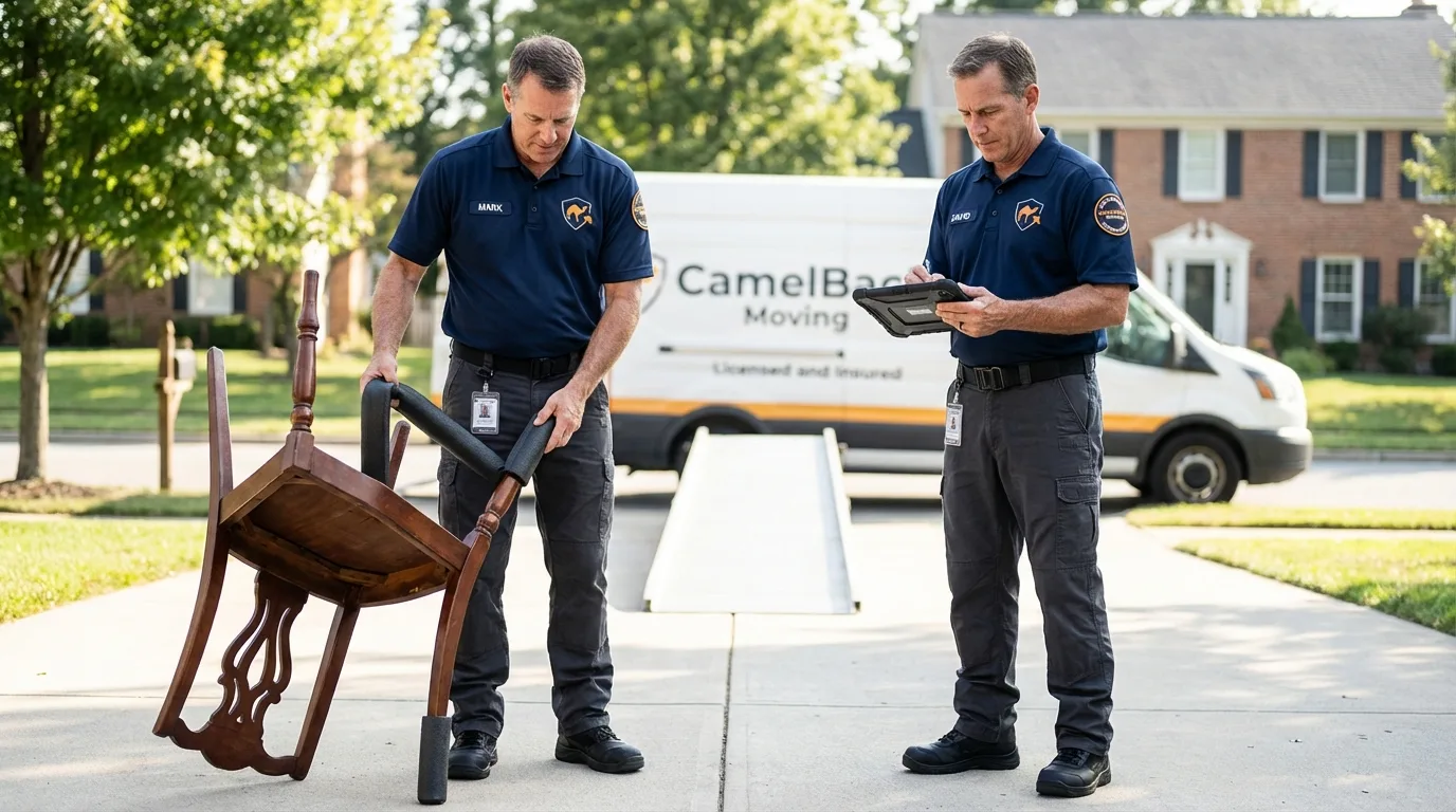 Movers inspecting furniture for damage prevention before loading in Wiggins, MS