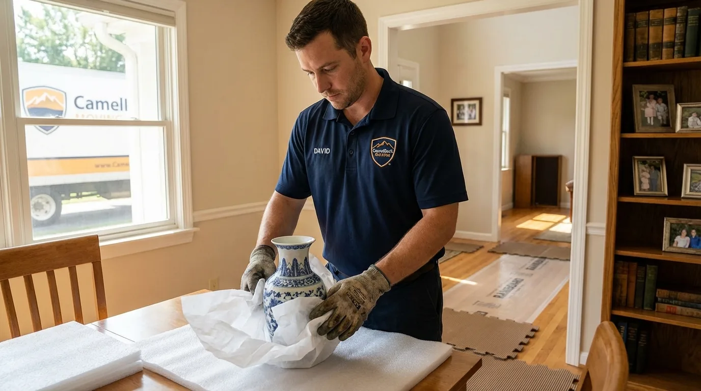 Professional crew carefully wrapping antique vase for senior downsizing move in Wiggins, MS